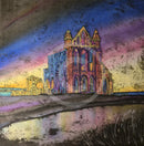 Colorful illustration of a Whitby against a starry night sky.