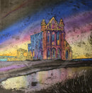 Colorful illustration of a Whitby against a starry night sky.