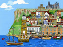 Whitby art print by Linda Mellin. A colourful contemporary picture of Whitby on the Yorkshire coast featuring the harbour, Whitby Abbey and The Magpie. Home Decor. 