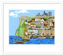 Whitby art print by Linda Mellin. A colourful contemporary picture of Whitby on the Yorkshire coast featuring the harbour, Whitby Abbey and The Magpie. Home Decor. 
