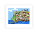 Whitby art print by Linda Mellin. A colourful contemporary picture of Whitby on the Yorkshire coast featuring the harbour, Whitby Abbey and The Magpie. Home Decor. 