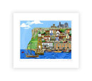 Whitby art print by Linda Mellin. A colourful contemporary picture of Whitby on the Yorkshire coast featuring the harbour, Whitby Abbey and The Magpie. Home Decor. 
