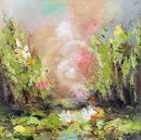 Abstract painting of a landscape with trees and flowers