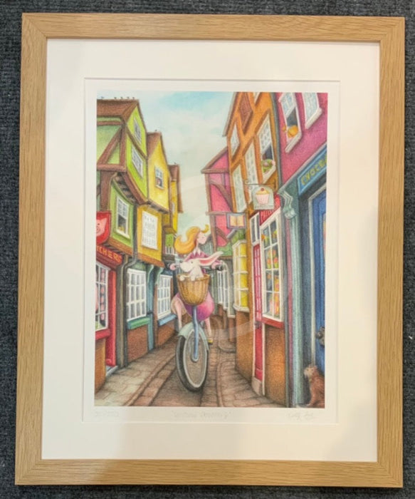 Window Shopping FRAMED Limited Edition Print by Dotty Earl, Colourful Picture of The Shambles in York