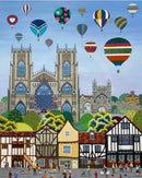 York Balloon Fiesta contemporary colourful art print by Linda Mellin. York Minster with hot air balloons, portrait shaped cityscape. 