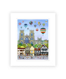 York Balloon Fiesta contemporary colourful mounted art print by Linda Mellin. York Minster with hot air balloons, portrait shaped cityscape. 