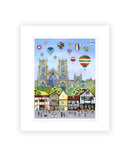 York Balloon Fiesta contemporary colourful mounted art print by Linda Mellin. York Minster with hot air balloons, portrait shaped cityscape. 