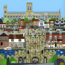 York (Central) By Linda Mellin. Large  contemporary colourful art print featuring landmarks within the historic city of York such as York Minster & Micklegate Bar. 
