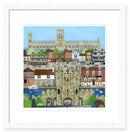 York (Central) By Linda Mellin. Large  contemporary colourful art print featuring landmarks within the historic city of York such as York Minster & Micklegate Bar.  Framed in white. 