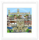 York (Central) By Linda Mellin. Large  contemporary colourful art print featuring landmarks within the historic city of York such as York Minster & Micklegate Bar.  Framed in white. 