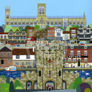 York (Central) By Linda Mellin. Large  contemporary colourful art print featuring landmarks within the historic city of York such as York Minster & Micklegate Bar. 