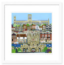 York (Central) By Linda Mellin. Large  contemporary colourful art print featuring landmarks within the historic city of York such as York Minster & Micklegate Bar.  Framed in white. 