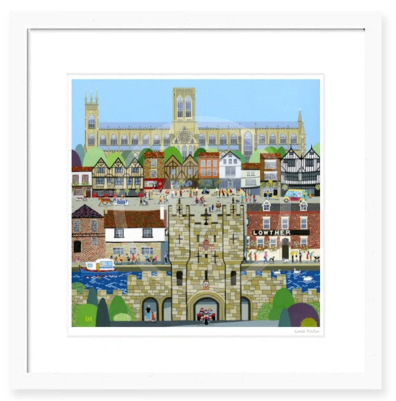 York (Central) By Linda Mellin. Large  contemporary colourful art print featuring landmarks within the historic city of York such as York Minster & Micklegate Bar.  Framed in white. 