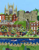 York Minster (East Wing) art print by Linda Mellin. A contemporary portrait shaped colourful cityscape art print of historic landmark, York Minster and Clifford’s Tower in the beautiful city of York. 