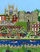 York Minster (East Wing) art print by Linda Mellin. A contemporary portrait shaped colourful cityscape art print of historic landmark, York Minster and Clifford’s Tower in the beautiful city of York. 