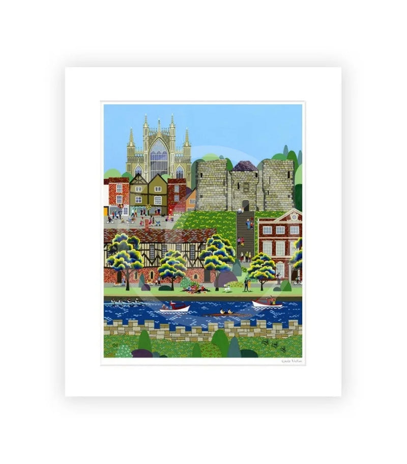 York Minster (East Wing) art print by Linda Mellin. A contemporary portrait shaped colourful cityscape art print of historic landmark, York Minster and Clifford’s Tower in the beautiful city of York. 
