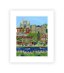 York Minster (East Wing) art print by Linda Mellin. A contemporary portrait shaped colourful cityscape art print of historic landmark, York Minster and Clifford’s Tower in the beautiful city of York. 
