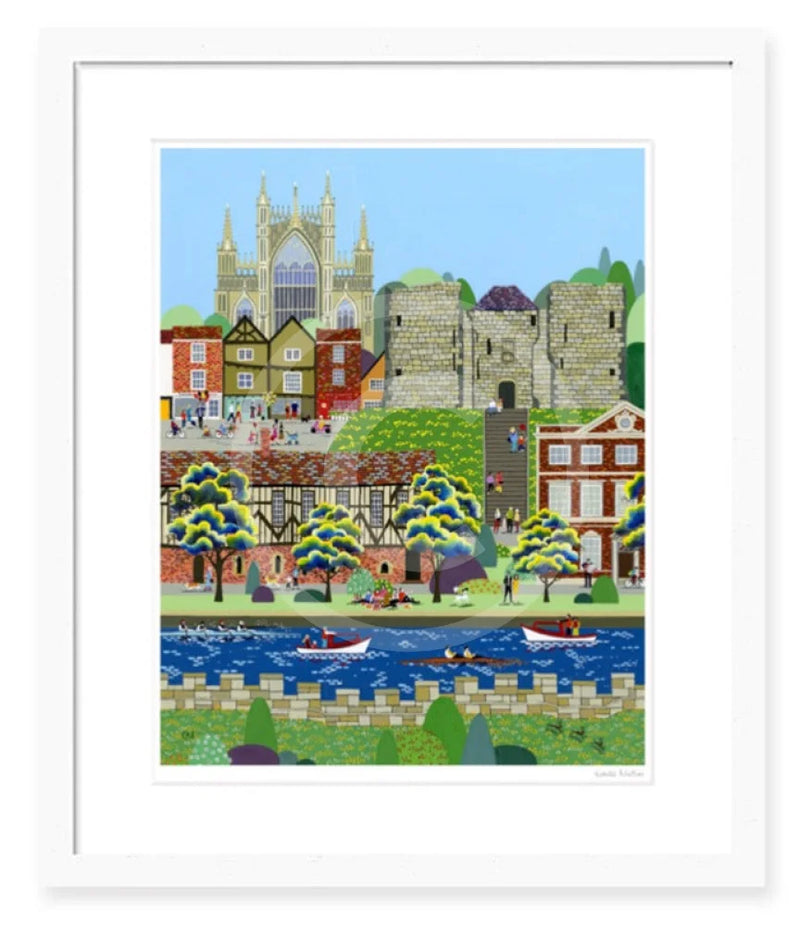York Minster (East Wing) art print by Linda Mellin. A contemporary portrait shaped colourful cityscape art print of historic landmark, York Minster and Clifford’s Tower in the beautiful city of York.  Framed in white.