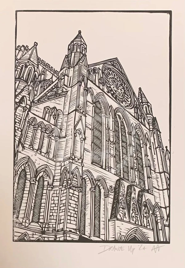 York Minster, The Rose Window - Hand Printed Linocut by Drawneup