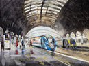 Artistic depiction of York train station with trains and people on the platform.