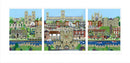 York triptych art print by Linda Mellin. Three colourful contemporary views of the City of York encompassing all your favourite landmarks perfect for modern home decor. 