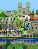 York (West Wing) a contemporary cityscape of the historic City of York by Linda Mellin. A colourful modern art print for the home features York Minster & Museum Gardens. 
