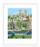York (West Wing) a contemporary cityscape of the historic City of York by Linda Mellin. A colourful modern art print for the home features York Minster & Museum Gardens. Framed in white.

