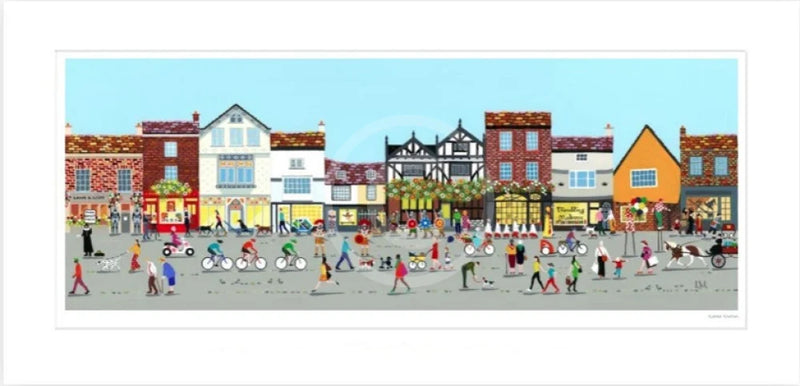 York, Within the Walls art print by Linda Mellin. A contemporary colourful street scene featuring quirky shops and the hustle and bustle of the City of York. 