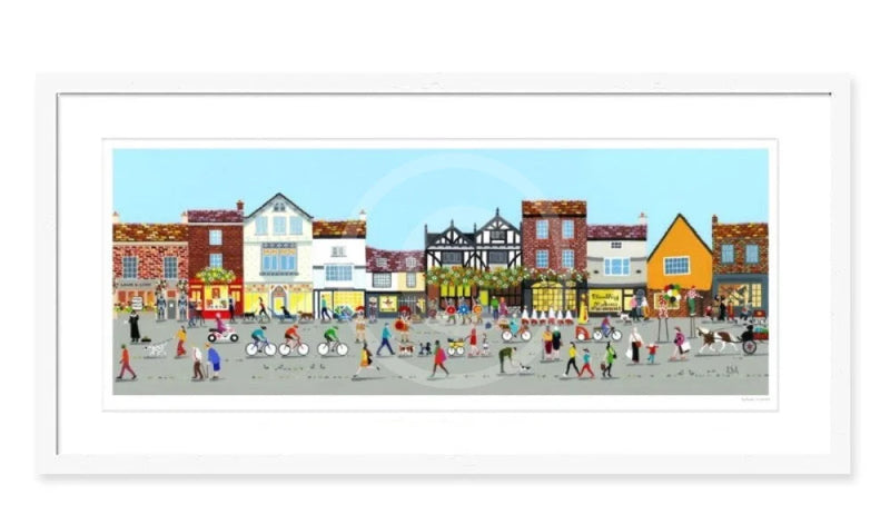 York, Within the Walls art print by Linda Mellin. A contemporary colourful street scene featuring quirky shops and the hustle and bustle of the City of York. 