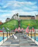 You Blink First by Dotty Earl — figure in a pink coat in a standoff with a seagull on the pier steps at Saltburn-by-the-Sea, little white dog watching, funicular tramway on the clifftop behind