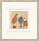 Framed illustration of two people and a dog with text on a beige background