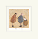 Mounted artwork of two people and their dog