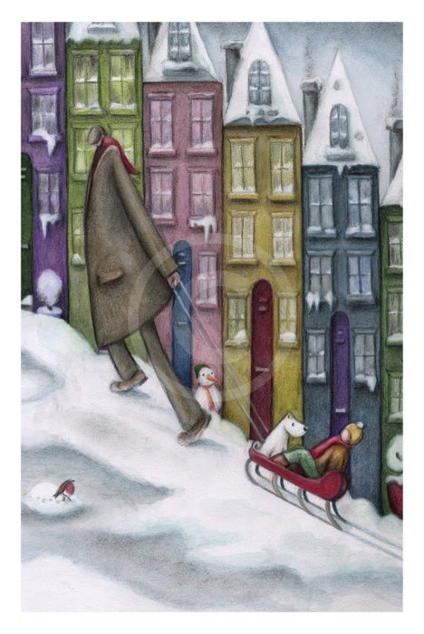 Uphill, All The Way limited edition print by Dotty Earl, snow and sledge picture
